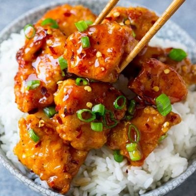 A bowl of sweet and spicy firecracker chicken.