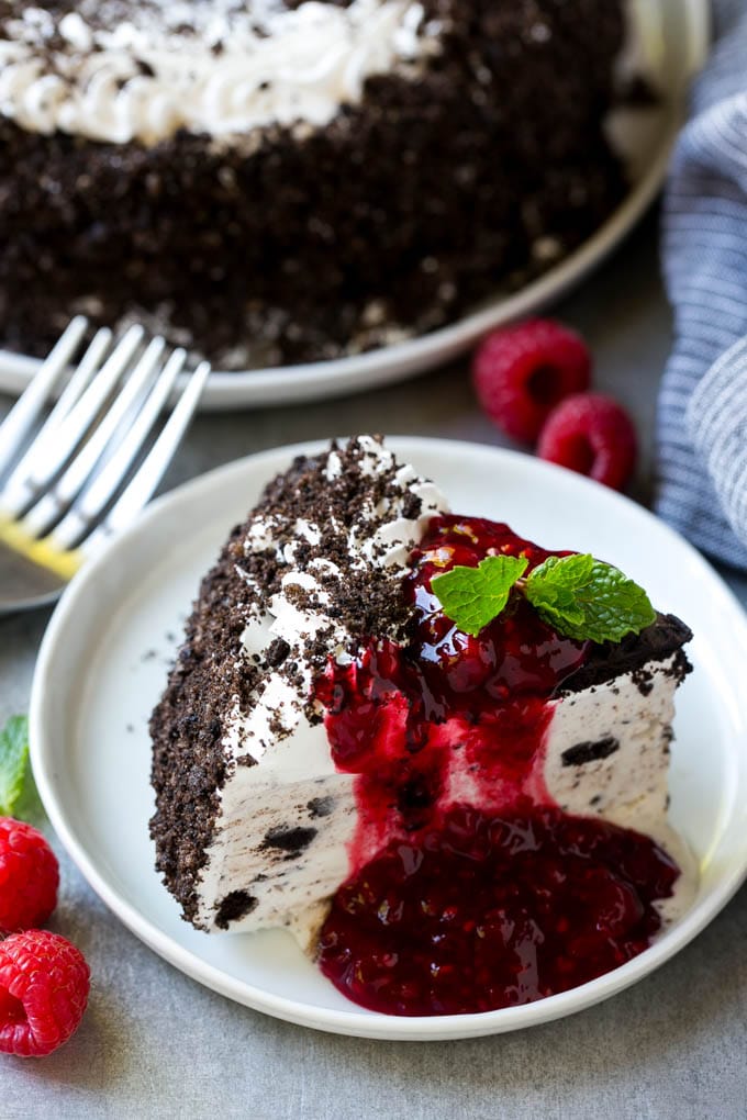 Homemade raspberry sauce served over ice cream cake.