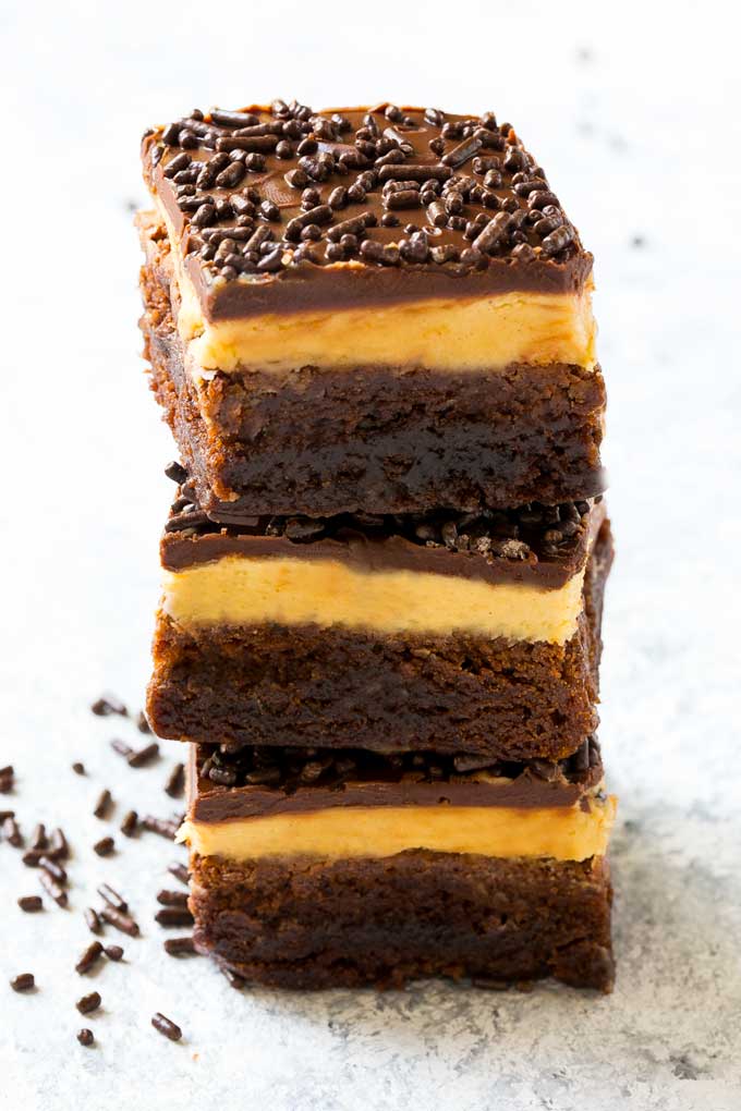 Layered peanut butter brownies are an easy yet elegant dessert.