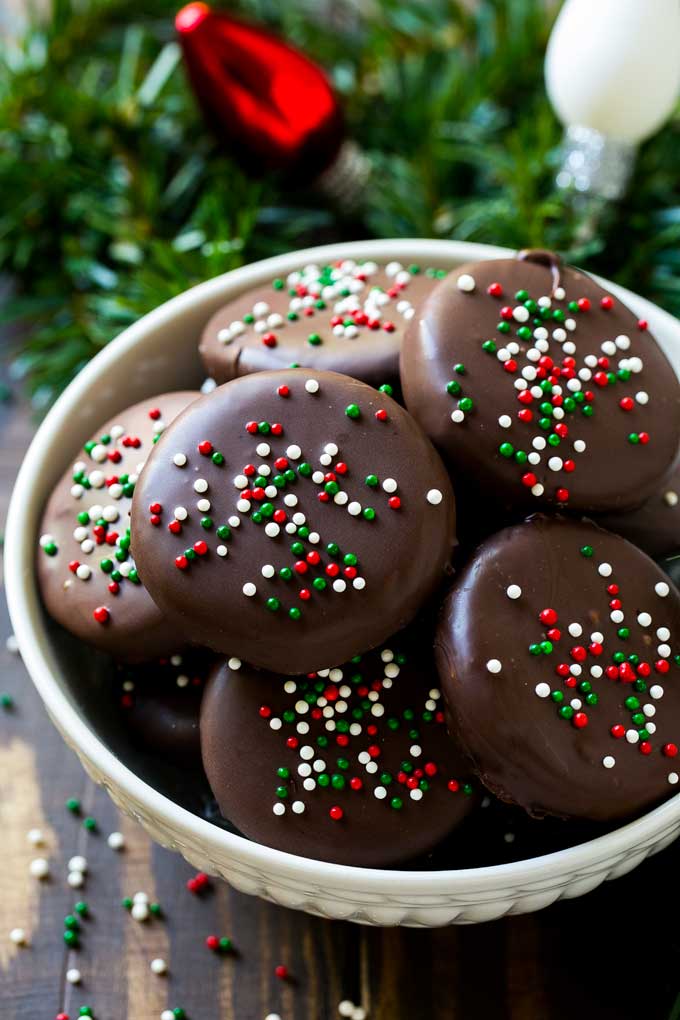 Copycat York peppermint patties in a bowl topped with sprinkles.