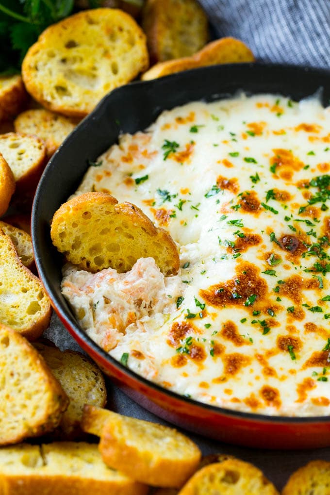 A close up view of shrimp scampi dip.