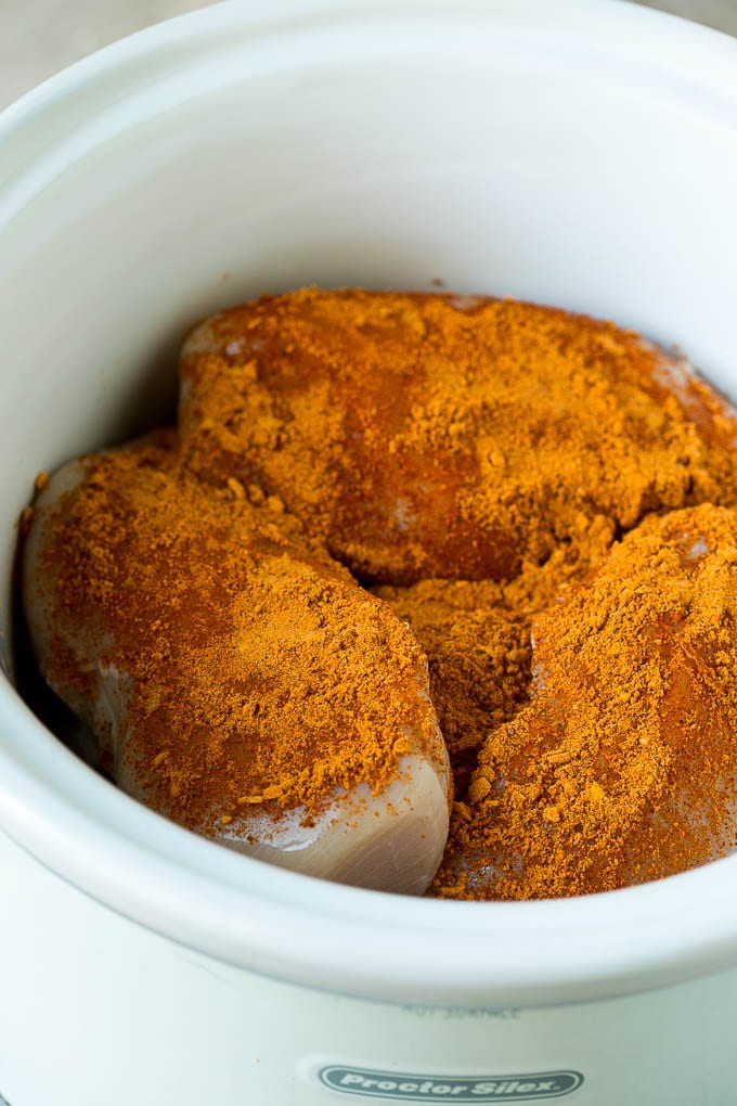 Chicken breasts coated in taco seasoning.