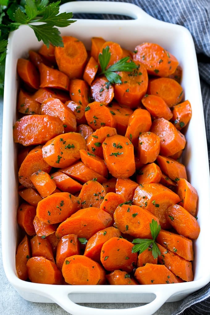 Slow Cooker Glazed Carrots in a baking dish.
