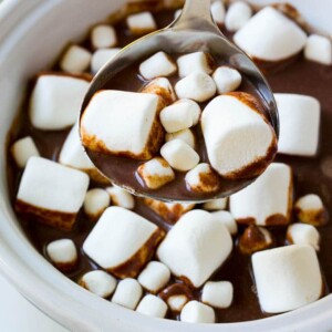 A ladle full of slow cooker hot chocolate topped with marshmallows.