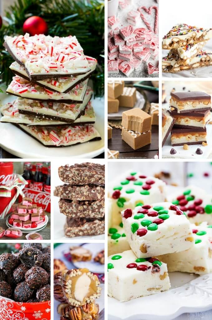 Christmas candy selections including fudge, rum balls and peppermint bark.