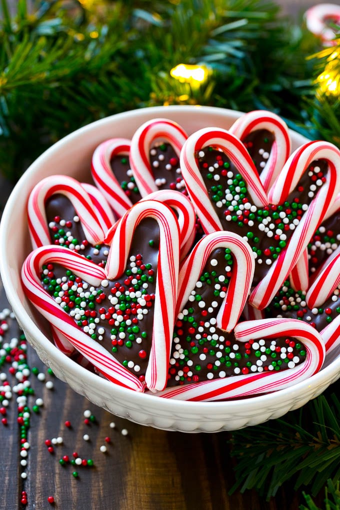 Candy Cane Hearts in a white serving bowl.