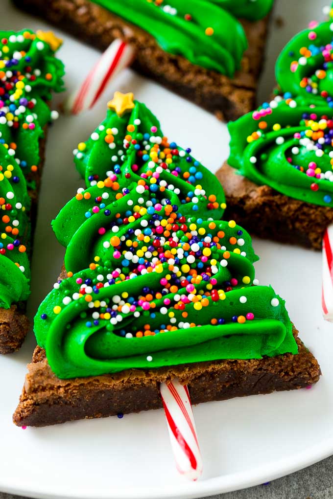 Decorated Christmas Tree Brownies on a serving plate.