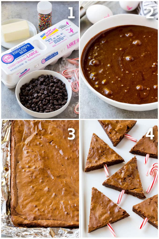 Step by step shots showing how to make brownie batter and cut brownies into triangles.