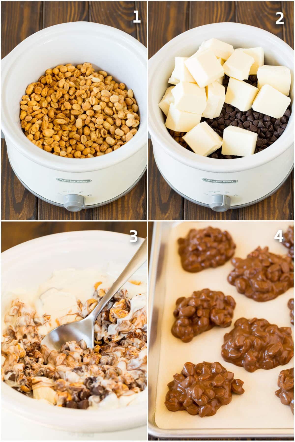 Step by step process shots showing how to make crock pot candy.
