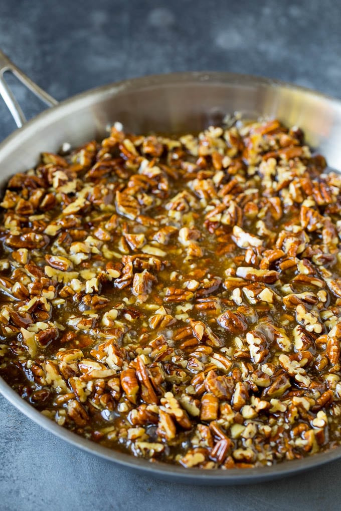 Pecan pie filling in a pan.