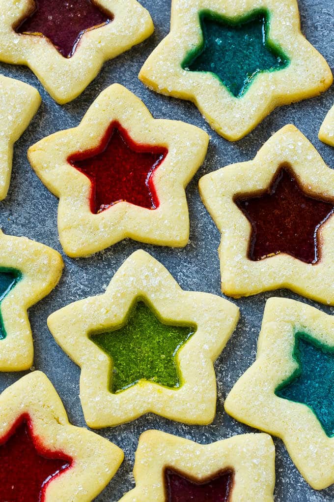 Stained glass window cookies in various colors.