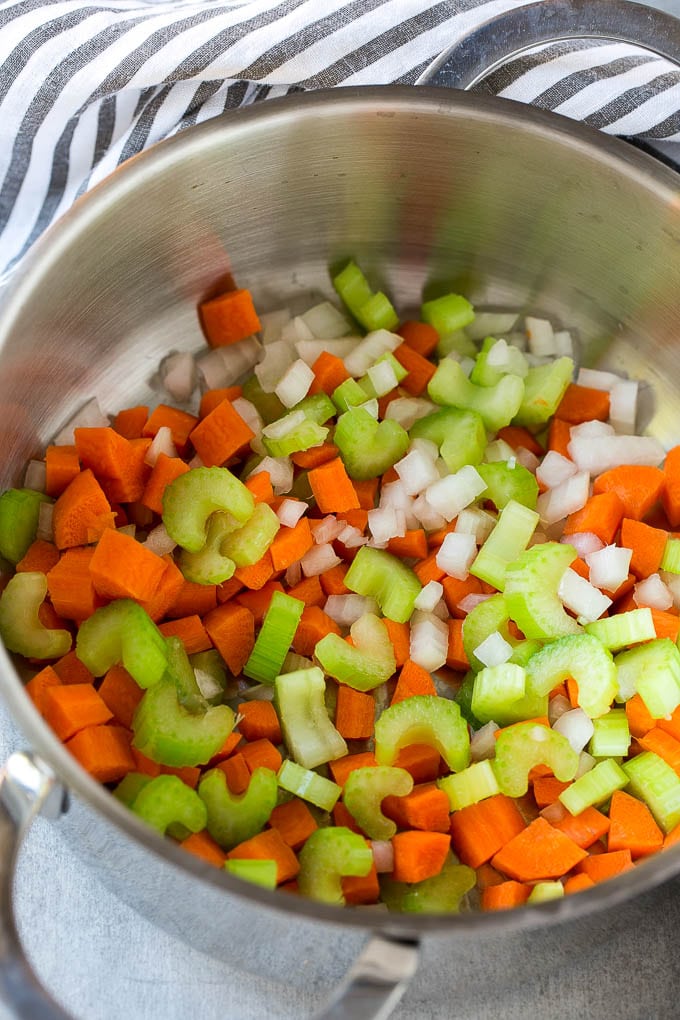 A pot with onions, carrots and celery.