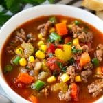 Hamburger soup with potatoes and vegetables is an economical and easy meal option.