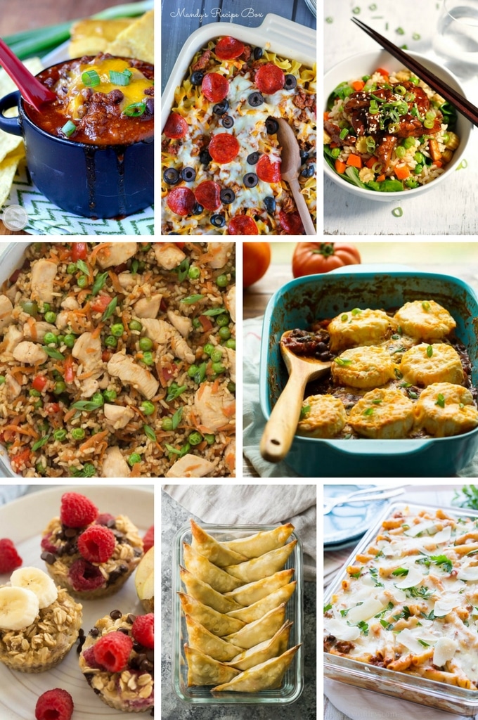 Freezer meal recipes like baked oatmeal, teriyaki chicken, casseroles and pasta dishes.