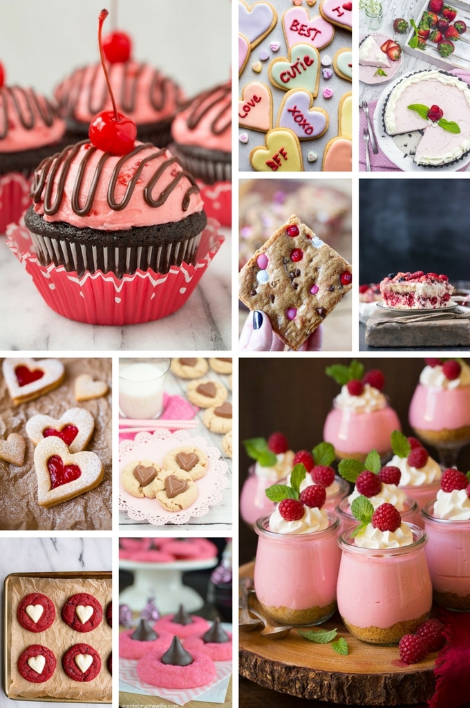 Valentine's Day dessert recipes collage with cherry cordial cupcakes, tiramisu, peanut butter cookies and mousse.
