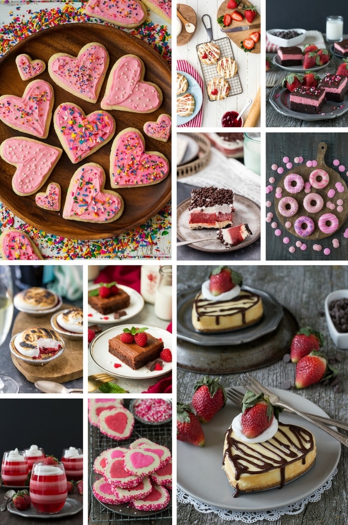 A selection of Valentine's Day desserts like donuts, brownies and cookies.