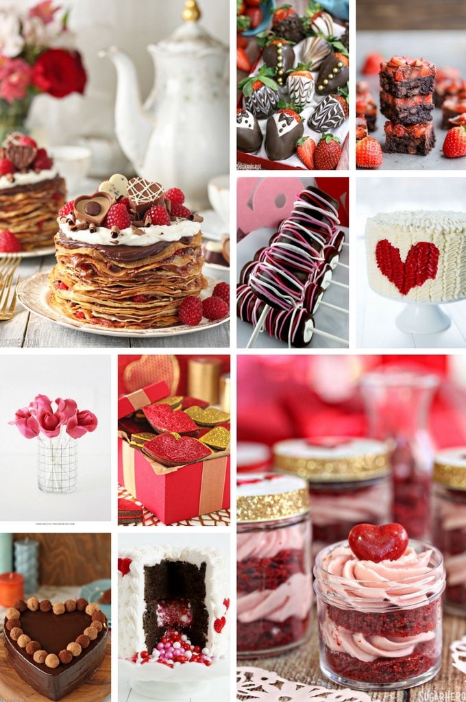 Valentine's Day desserts such as cakes, cookies and crepes.