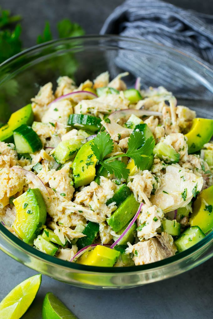 Avocado tuna salad with cucumber, red onion and lime dressing.