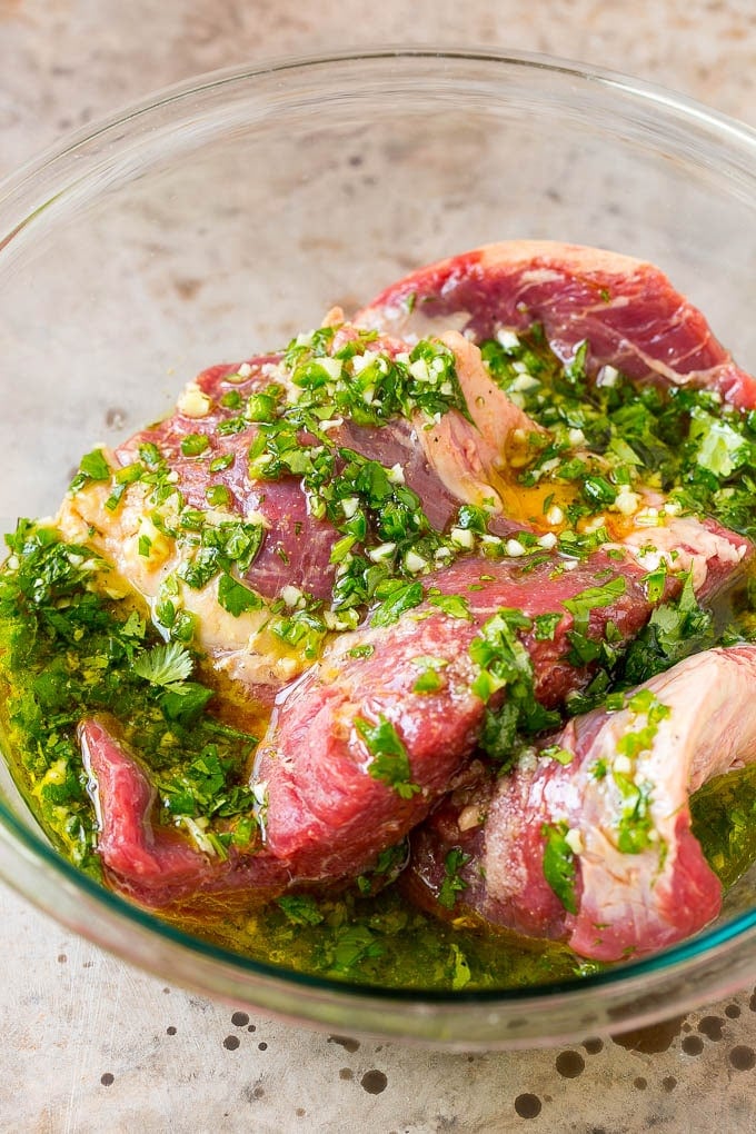 Marinated flank steak with citrus, cilantro, jalapeno and olive oil.