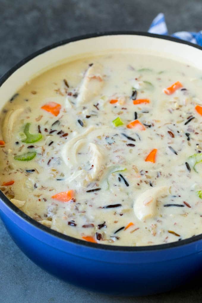 Creamy chicken soup with wild rice and vegetables.