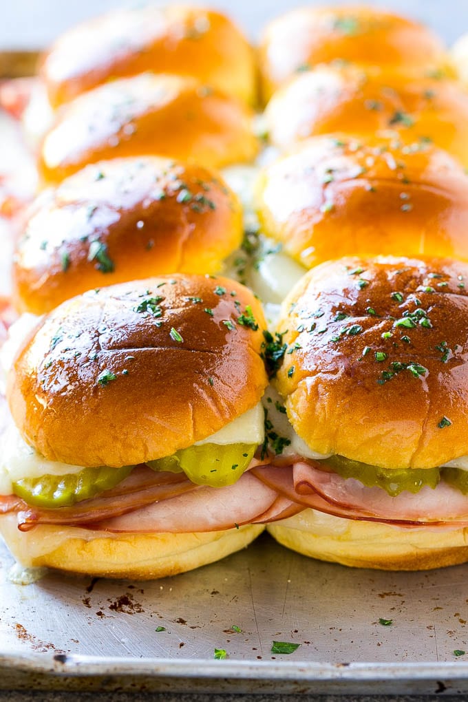 A sheet pan of Cuban slider sandwiches.