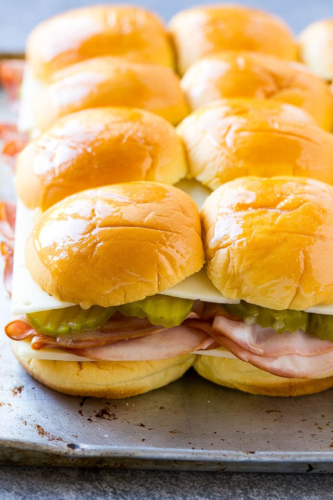 Assembled slider sandwiches ready to go into the oven.