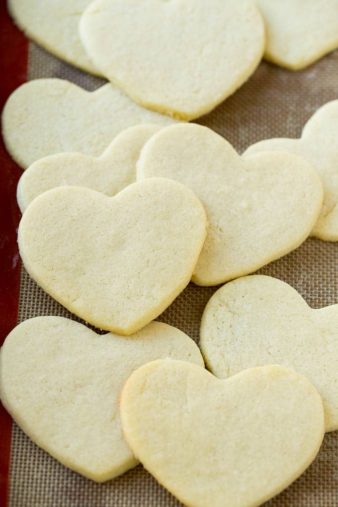 Baked heart shaped sugar cookies.