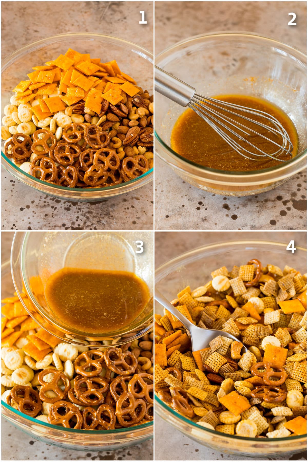 Step by step process shots showing how to make Chex mix.