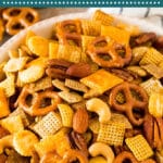 Your search for the perfect homemade Chex mix ends here - this from scratch Chex mix is made with cereal, crackers, pretzels and nuts, and is SO much better than the recipe on the box!