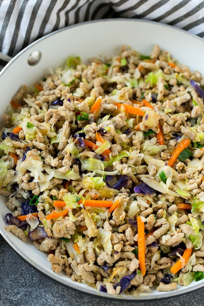 Egg roll filling made with pork, carrots, cabbage and spices.