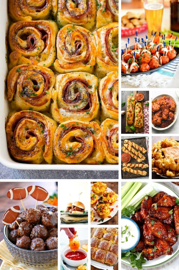 Super Bowl appetizer recipes such as chicken fingers, meatballs and party sandwiches.