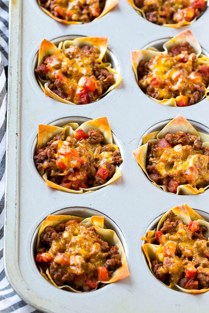 Taco cups baked in a muffin tin.