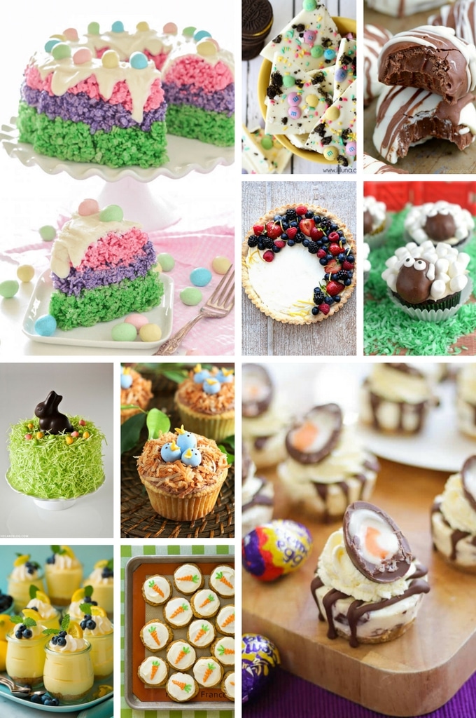 Easter dessert recipes including chocolate bark, mousse, cookies and cupcakes.