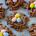 Birds nest cookies are a no bake dessert made with chocolate and chow mein noodles.