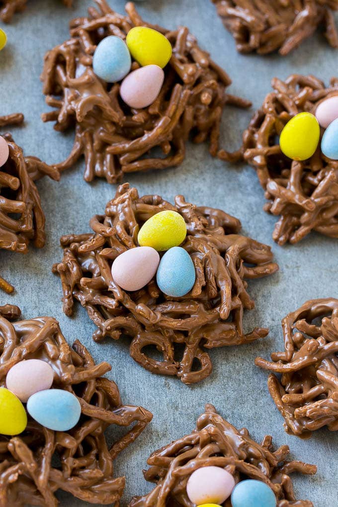 Birds nest cookies are a no bake dessert made with chocolate and chow mein noodles.