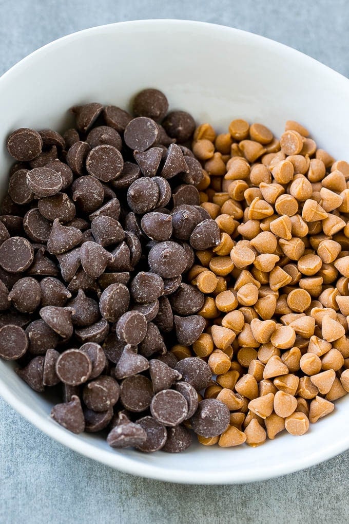 Milk chocolate chips and butterscotch chips form the base of birds nest cookies.