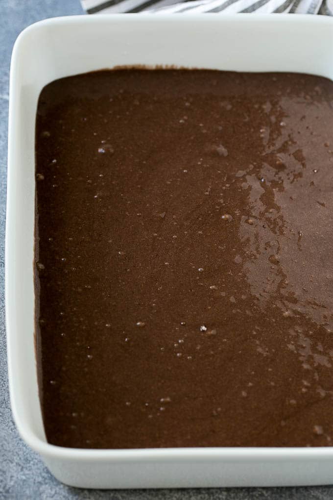Earthquake Cake Recipe | Chocolate Cake Recipe | Chocolate Coconut Cake | Coconut Pecan Cake #cake #chocolate #coconut #pecans #dessert #chocolatecake #dinneratthezoo Chocolate cake batter in a baking dish.