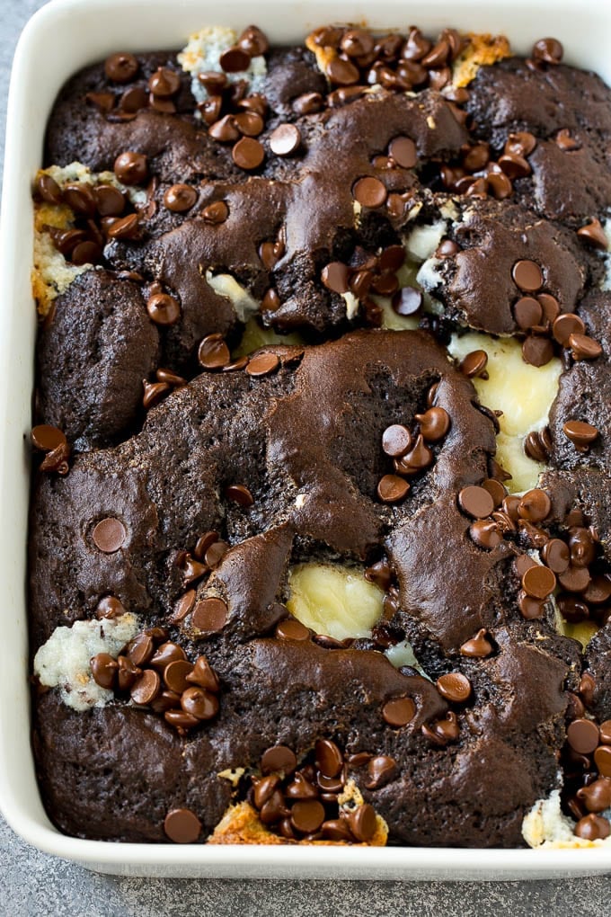 An overhead shot of chocolate cream cheese cake.