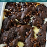 This earthquake cake is a chocolate cake loaded with coconut, pecans, cream cheese and chocolate chips.