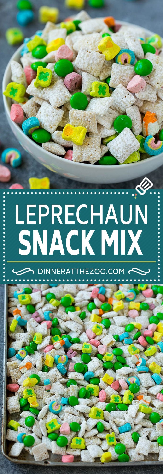 This leprechaun snack mix is a sweet blend of white chocolate muddy buddies, rainbow marshmallows and green M&M candies.