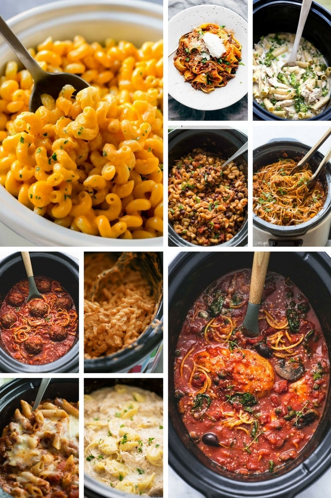 Slow Cooker Pasta Recipes including mac and cheese, chili mac, baked ziti and chicken alfredo.