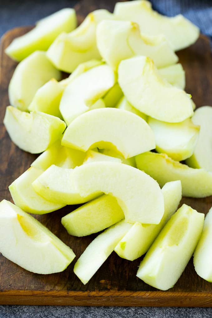 Sliced Granny Smith apples.