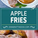These apple fries are battered, cooked until golden brown, then coated in cinnamon sugar and served with caramel sauce for dipping.