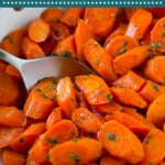 These candied carrots are sliced carrots in a brown sugar and butter glaze that are simmered until tender.