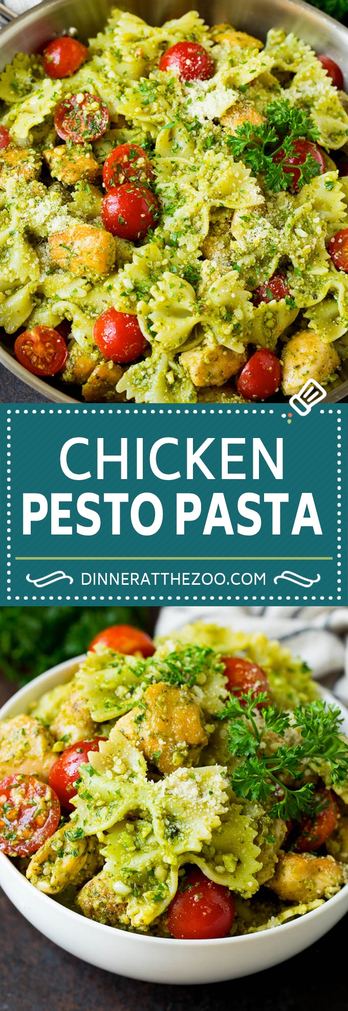 This chicken pesto pasta is sauteed chicken, farfalle pasta and cherry tomatoes, all tossed in basil pesto and finished off with parmesan cheese.