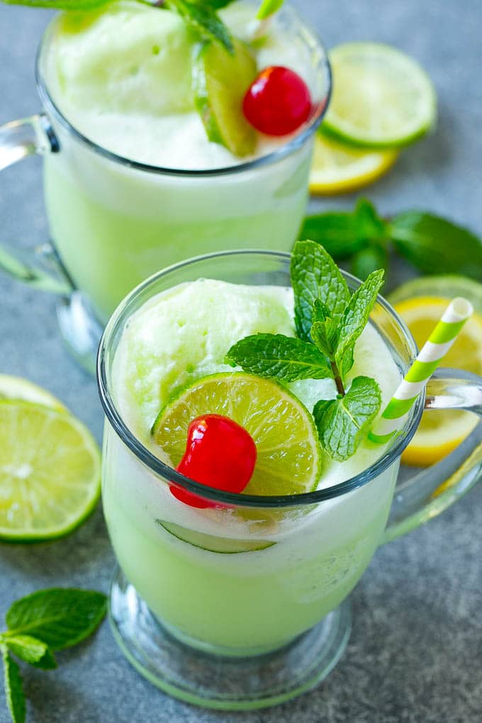 Cups of lime sherbet punch.