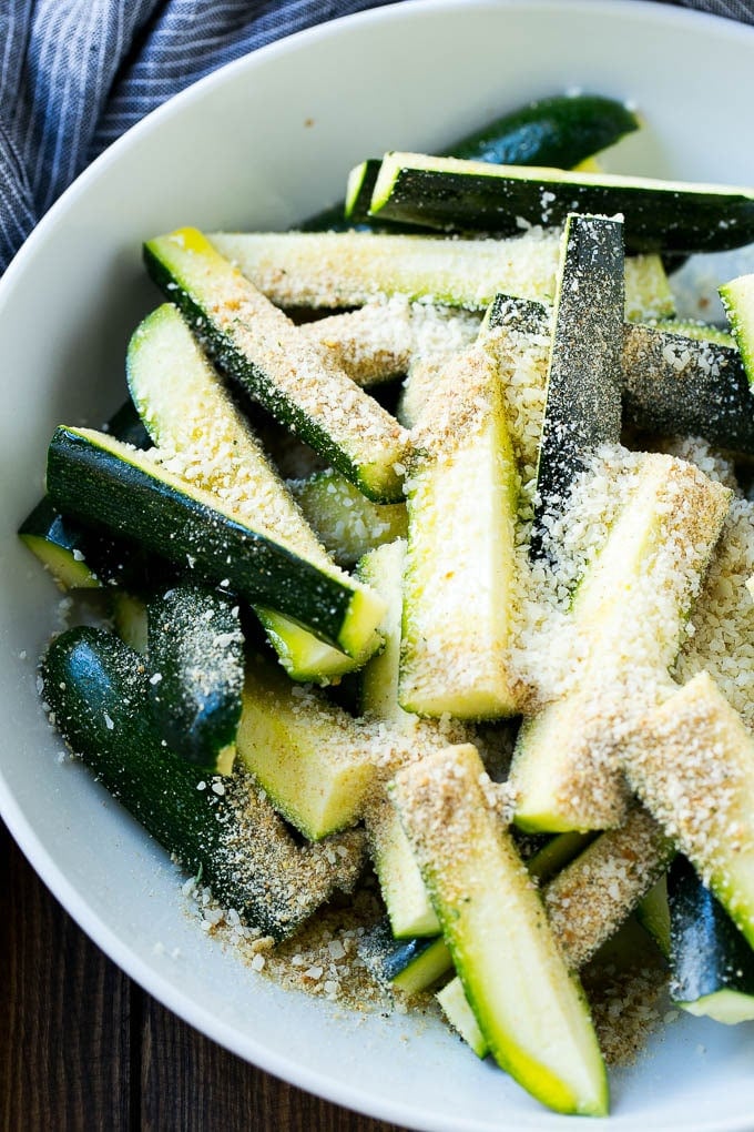 Zucchini with breadcrumbs, parmesan cheese and olive oil.