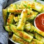 Parmesan zucchini sticks roasted to golden brown and served with marinara sauce for dipping.