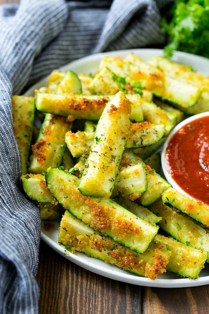 Parmesan zucchini sticks roasted to golden brown and served with marinara sauce for dipping.