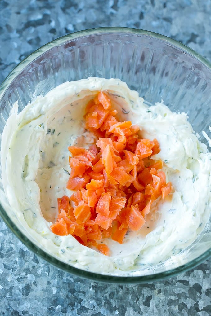 A cream cheese and herb base with smoked salmon to be folded in.